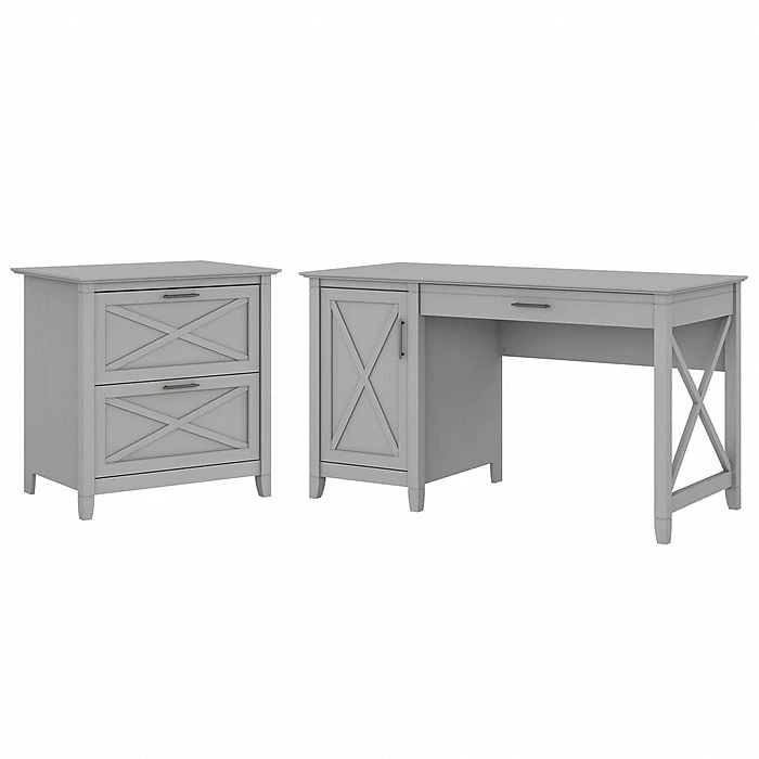 Bush Furniture Key West 54" Computer Desk With Storage And 2-Drawer Lateral File Cabinet, Cape Cod Gray (KWS008CG)