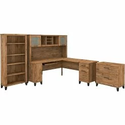 Bush Furniture Somerset 72" L-Shaped Desk With Hutch, Lateral File Cabinet And 5-Shelf Bookcase, Fresh Walnut (SET012FW)