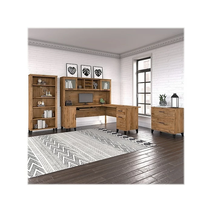 Bush Furniture Somerset 72" L-Shaped Desk With Hutch, Lateral File Cabinet And 5-Shelf Bookcase, Fresh Walnut (SET012FW) - Image 2