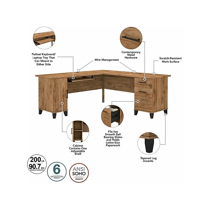 Bush Furniture Somerset 72" L-Shaped Desk With Hutch, Lateral File Cabinet And 5-Shelf Bookcase, Fresh Walnut (SET012FW) - Image 3