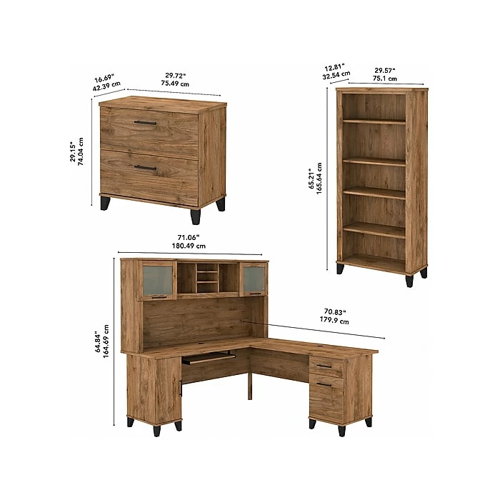 Bush Furniture Somerset 72" L-Shaped Desk With Hutch, Lateral File Cabinet And 5-Shelf Bookcase, Fresh Walnut (SET012FW) - Image 5