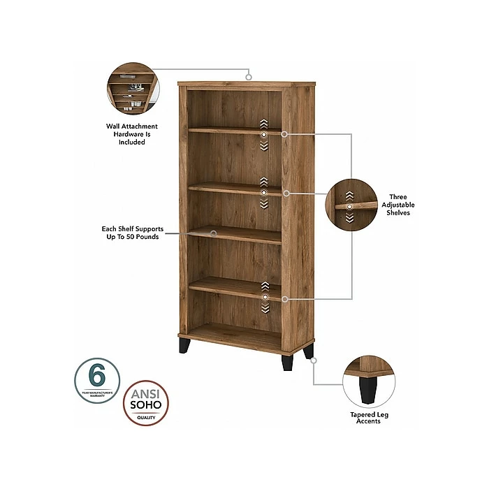 Bush Furniture Somerset 72" L-Shaped Desk With Hutch, Lateral File Cabinet And 5-Shelf Bookcase, Fresh Walnut (SET012FW) - Image 7