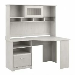 Bush Furniture Cabot 60" Corner Desk With Hutch, Linen White Oak (CAB008LW)