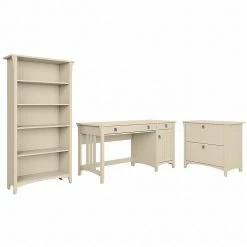 Bush Furniture Salinas 60"W Computer Desk With Bookcase And Lateral File Cabinet, Antique White (SAL076AW)