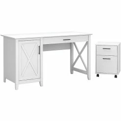 Bush Furniture Key West 54" Computer Desk Bundle, Pure White Oak (KWS006WT)
