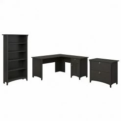 Bush Furniture Salinas 60W L Shaped Desk With Lateral File Cabinet And 5 Shelf Bookcase, Vintage Black (SAL003VB)