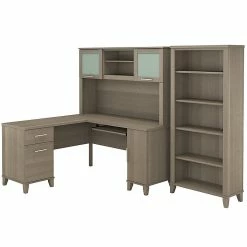 Bush Furniture Somerset 60W L Shaped Desk With Hutch And 5 Shelf Bookcase, Ash Gray (SET010AG)
