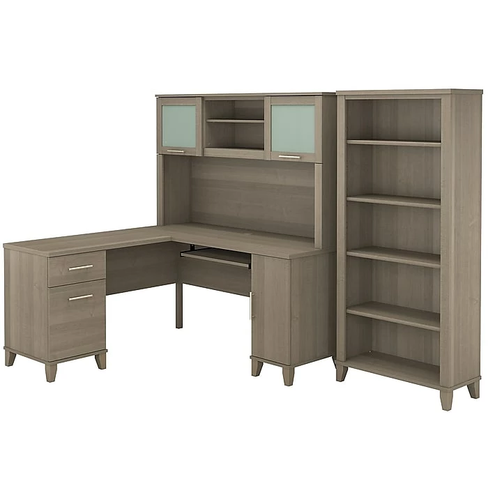 Bush Furniture Somerset 60W L Shaped Desk With Hutch And 5 Shelf Bookcase, Ash Gray (SET010AG)