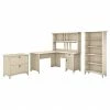 Bush Furniture Salinas 60W L Shaped Desk With Hutch, Lateral File Cabinet And 5 Shelf Bookcase, Antique White (SAL007AW)