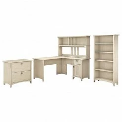 Bush Furniture Salinas 60W L Shaped Desk With Hutch, Lateral File Cabinet And 5 Shelf Bookcase, Antique White (SAL007AW)