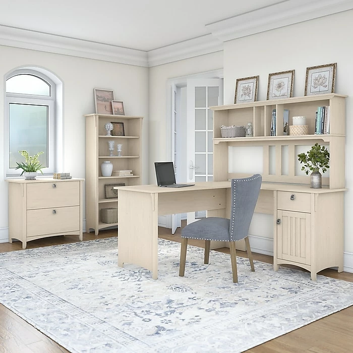 Bush Furniture Salinas 60W L Shaped Desk With Hutch, Lateral File Cabinet And 5 Shelf Bookcase, Antique White (SAL007AW) - Image 3