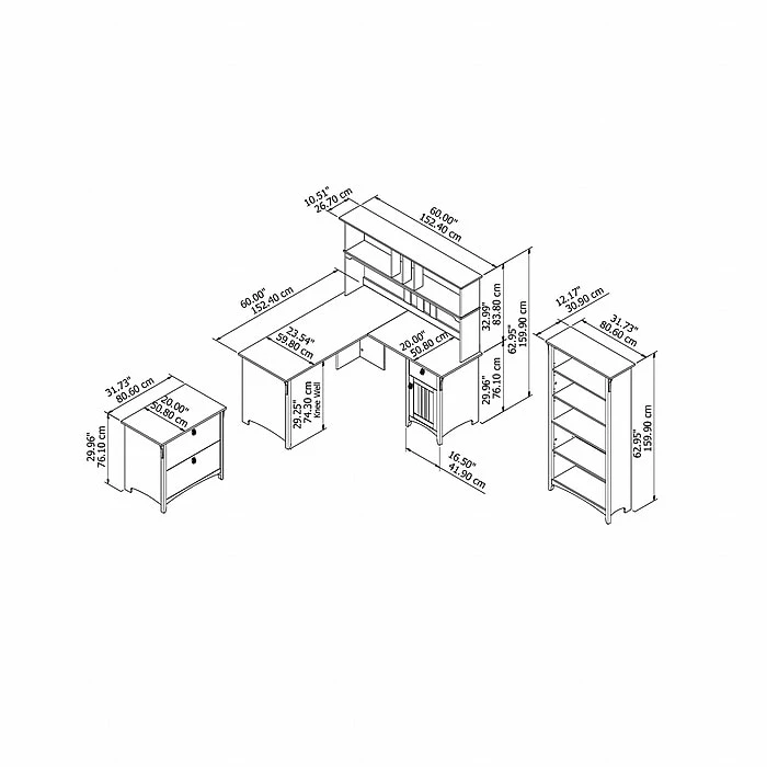 Bush Furniture Salinas 60W L Shaped Desk With Hutch, Lateral File Cabinet And 5 Shelf Bookcase, Antique White (SAL007AW) - Image 4