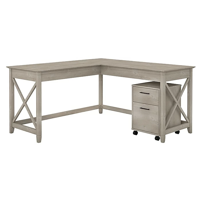 Bush Furniture Key West 60W L Shaped Desk With Mobile File Cabinet, Washed Gray (KWS013WG)