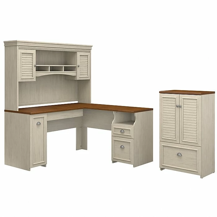 Bush Furniture Fairview 60W L Shaped Desk With Hutch And Storage Cabinet With Drawer, Antique White/Tea Maple (FV010AW) - Image 2