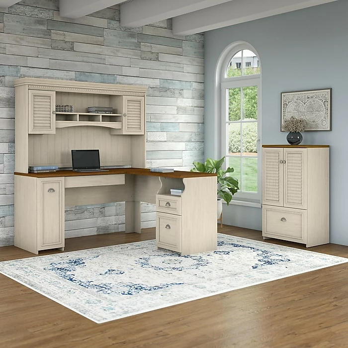 Bush Furniture Fairview 60W L Shaped Desk With Hutch And Storage Cabinet With Drawer, Antique White/Tea Maple (FV010AW) - Image 3